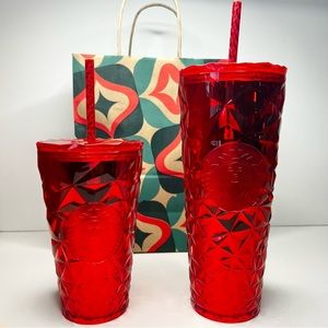 Starbucks Red Prism Holiday Poinsetta Retro Venti and Grande Cup Set NEW